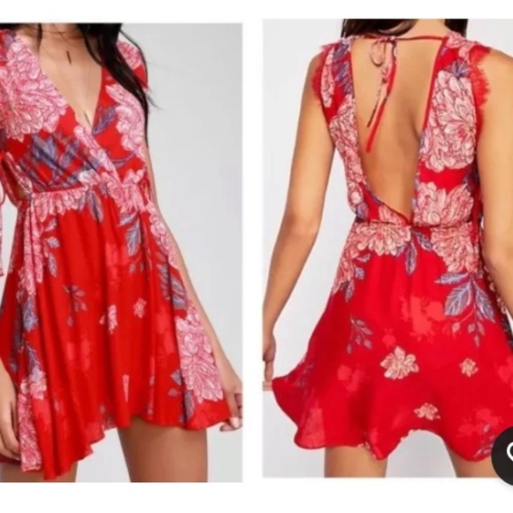 Free People Intimately Marnie Red Floral Backless Mini V-Neck Sundress SZ S - Picture 1 of 8